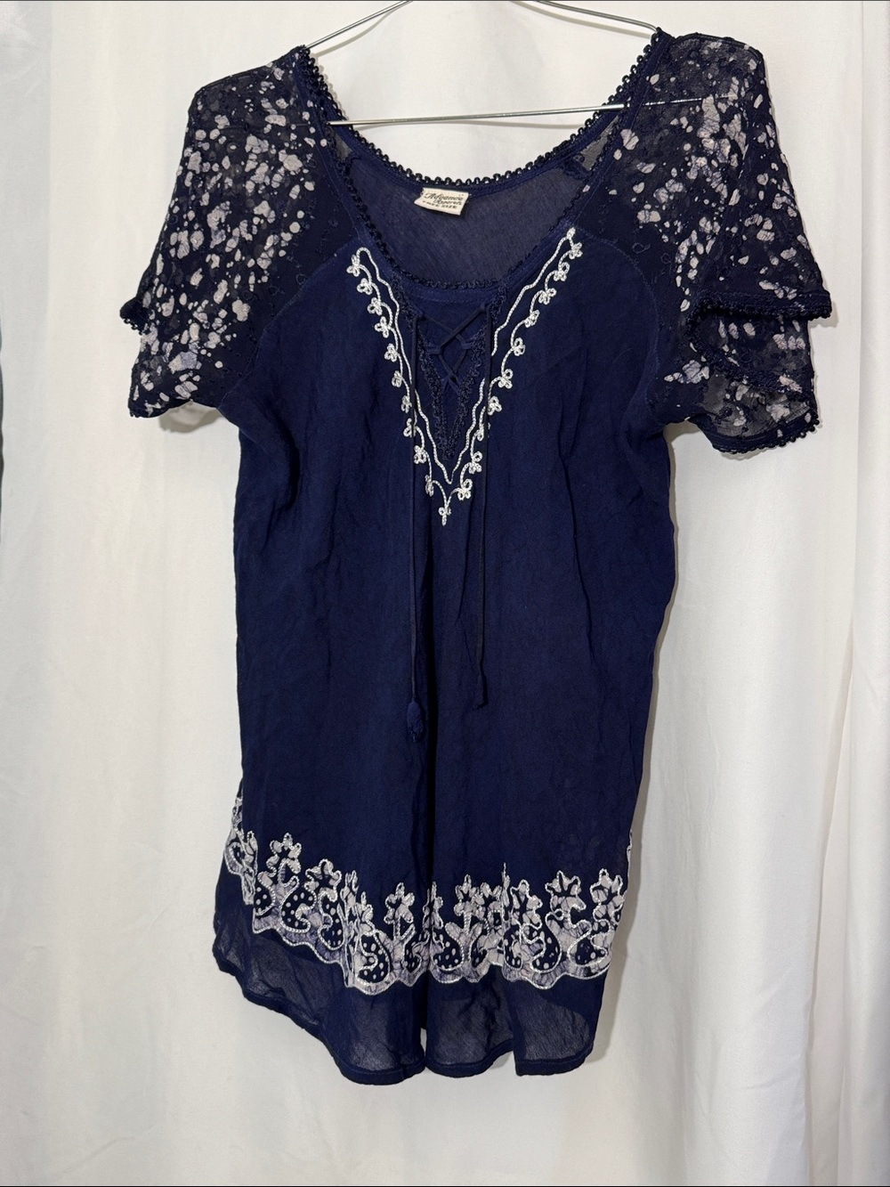 Monsoon Navy Tunic with White Embroidery and Lace Sleeves